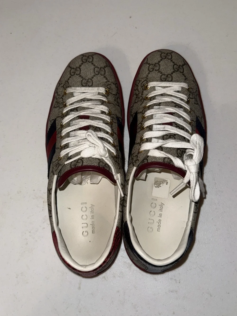 Gucci Beige GG Supreme Sneaker with Red Sole and Navy-Red Web